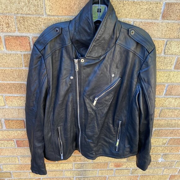 Karl Lagerfeld Mens Leather Biker Jacket A Symmetrical Multi Pocket Jacket XXL - Picture 6 of 16